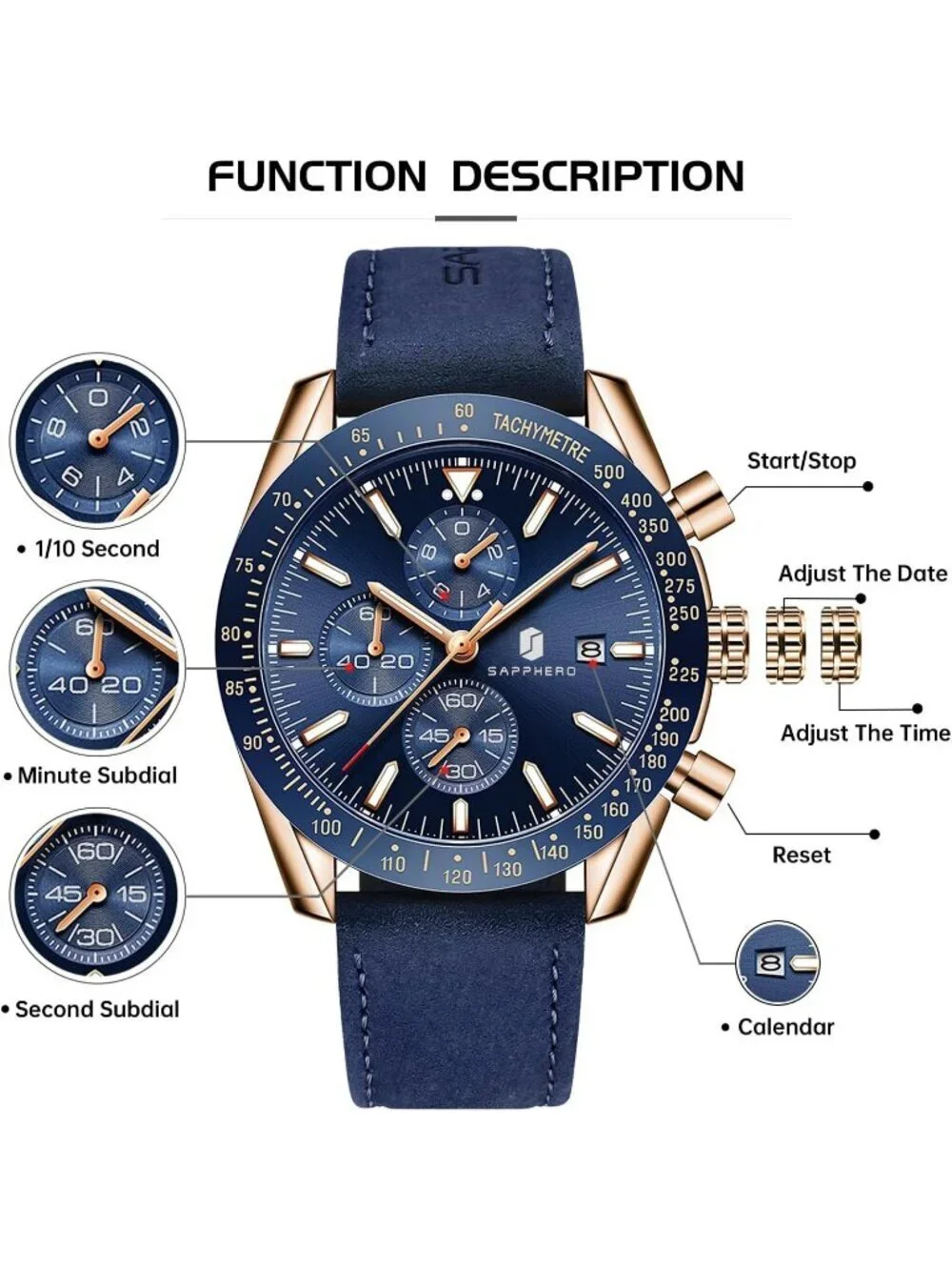 Men's Blue Gold Analog Silicone Strap Chronograph Luminous Designer Casual Watch